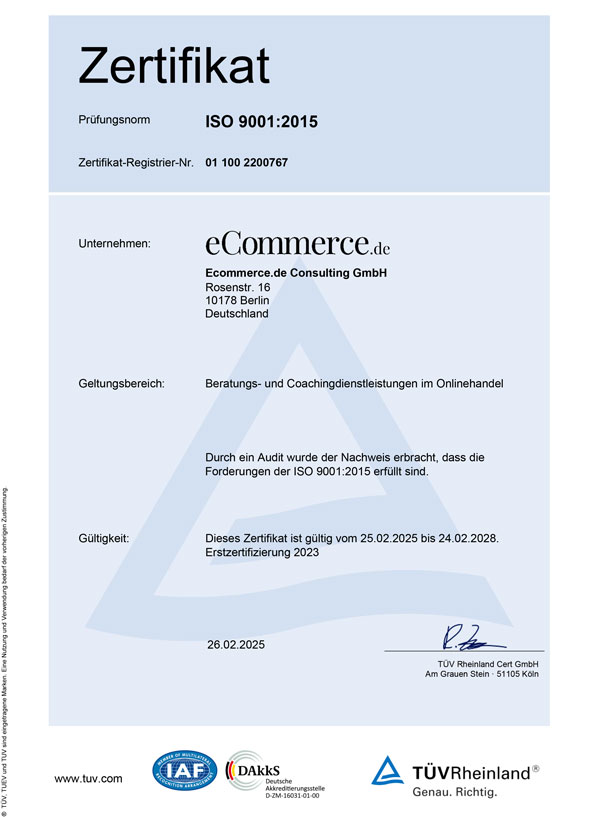 Offizielles ISO 9001:2015 Zertifikat – ecommerce.de Consulting GmbH