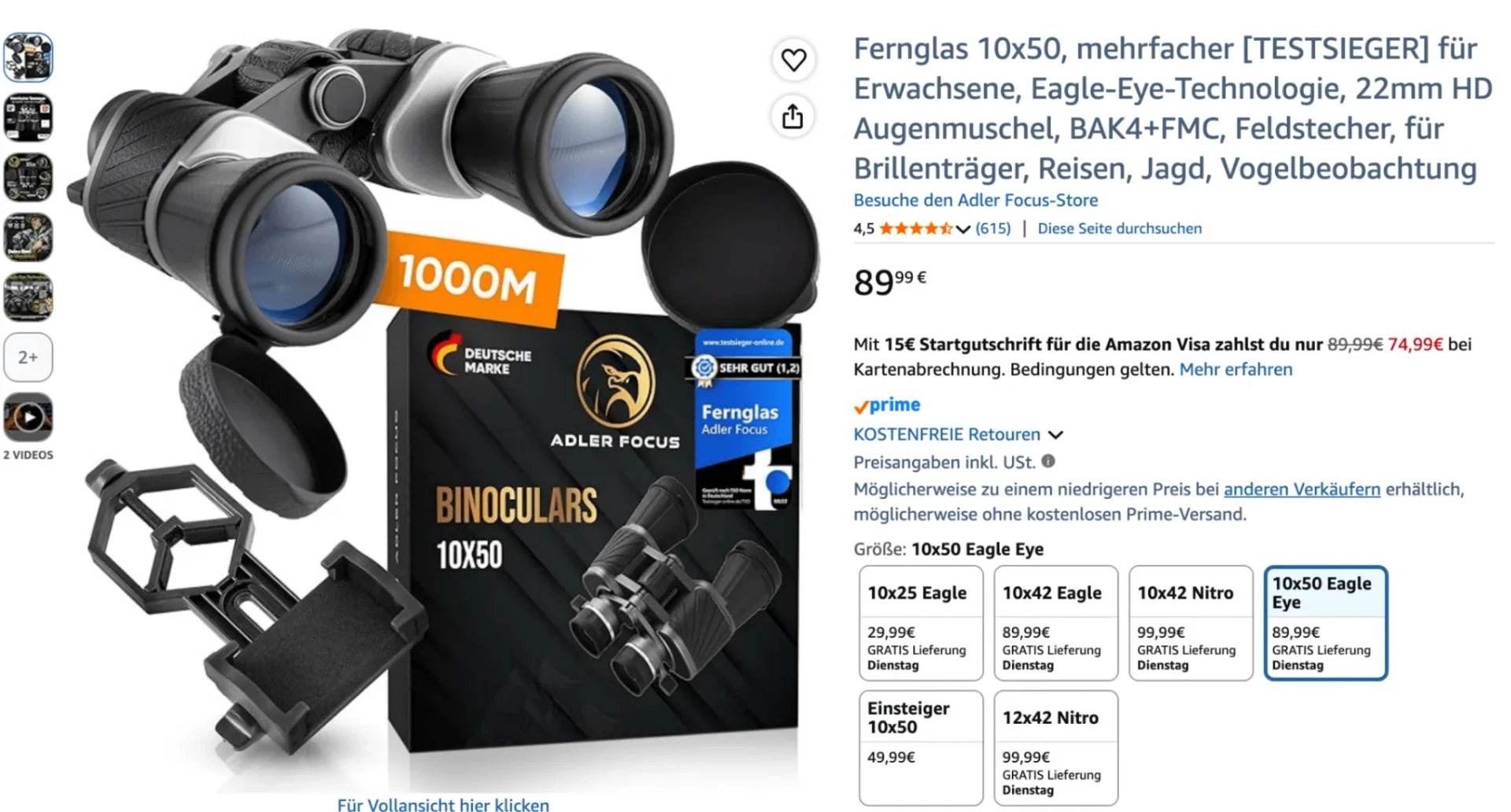 Amazon Produktseite – Fernglas